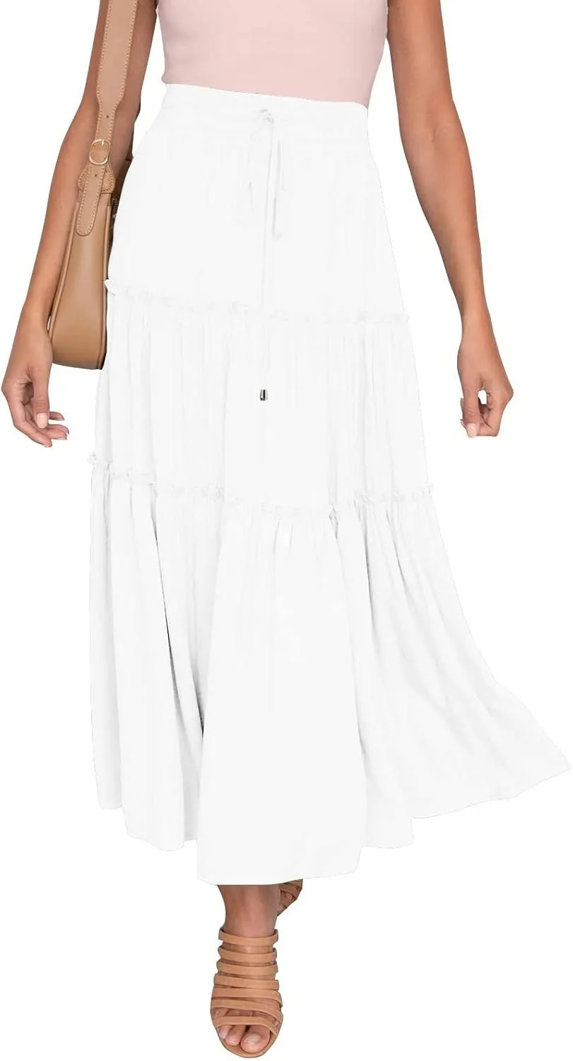 Womens Elastic High Waist Boho Maxi Skirt Ruffle A Line Swing Long Skirts Beach Wrap Skirt (White, M)