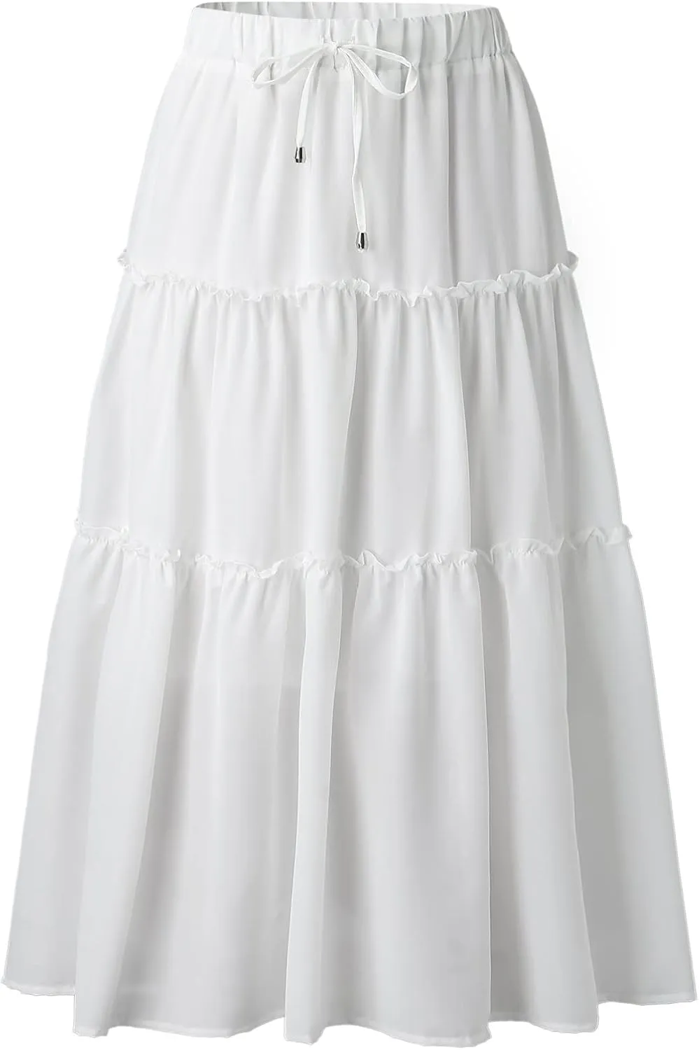 Womens Elastic High Waist Boho Maxi Skirt Ruffle A Line Swing Long Skirts Beach Wrap Skirt (White, M)