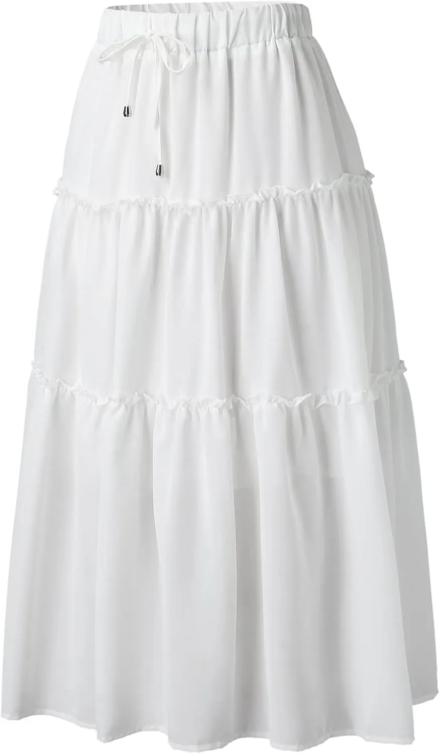 Womens Elastic High Waist Boho Maxi Skirt Ruffle A Line Swing Long Skirts Beach Wrap Skirt (White, M)
