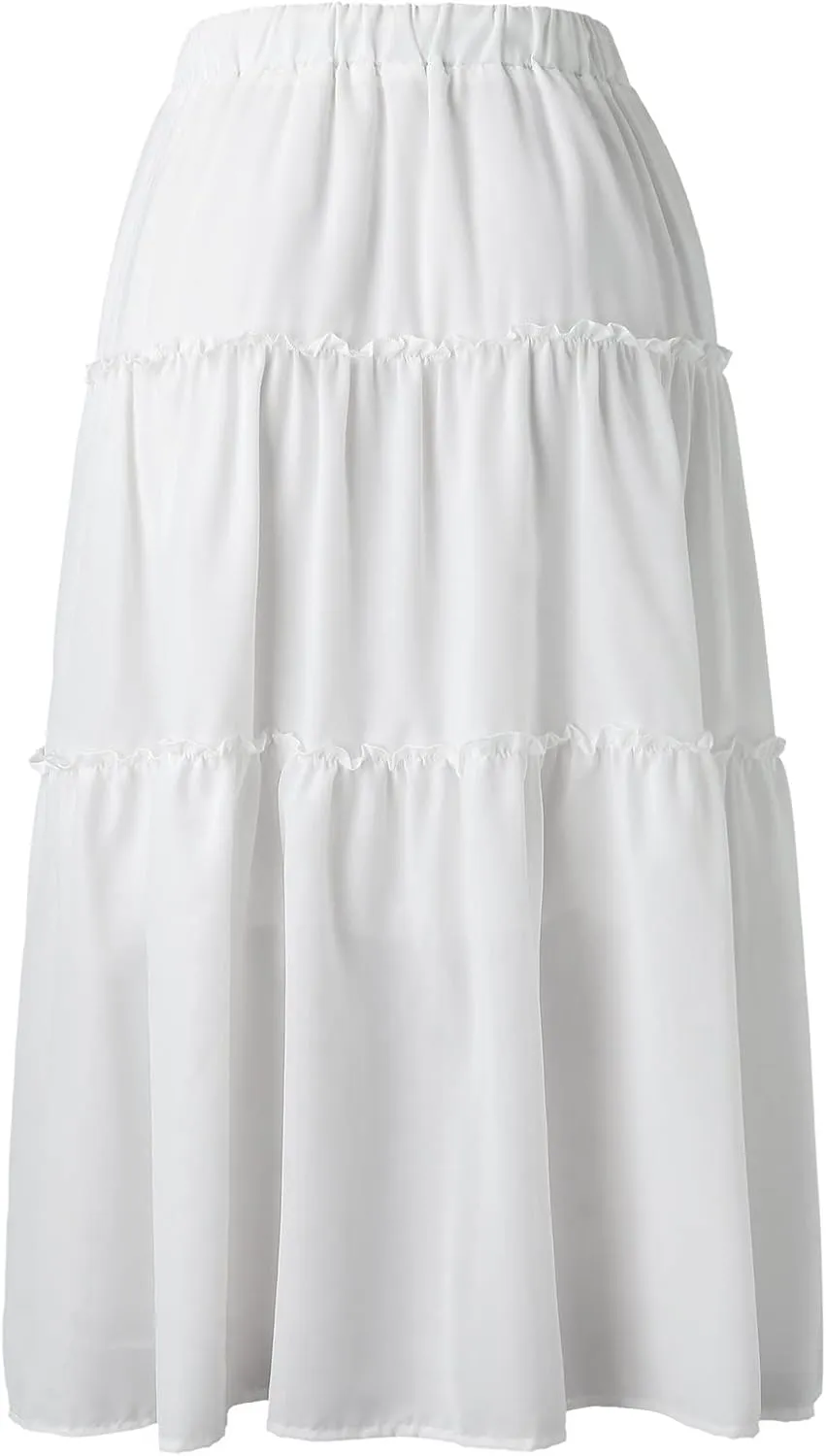 Womens Elastic High Waist Boho Maxi Skirt Ruffle A Line Swing Long Skirts Beach Wrap Skirt (White, M)