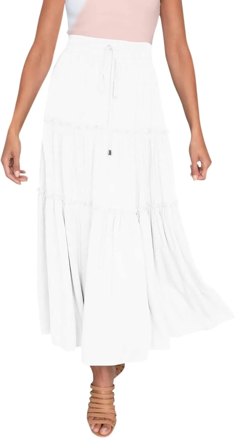 Womens Elastic High Waist Boho Maxi Skirt Ruffle A Line Swing Long Skirts Beach Wrap Skirt (White, M)