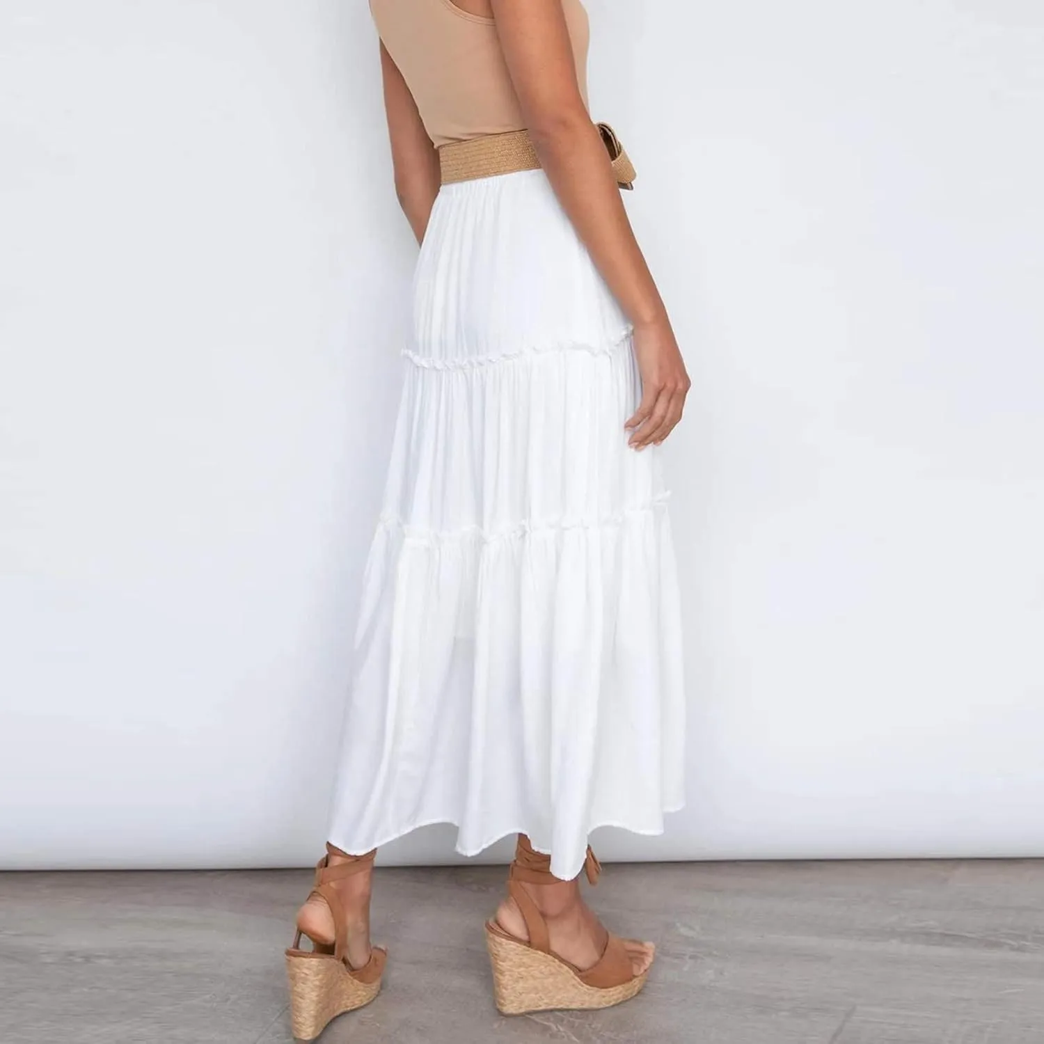 Womens Elastic High Waist Boho Maxi Skirt Ruffle A Line Swing Long Skirts Beach Wrap Skirt (White, M)