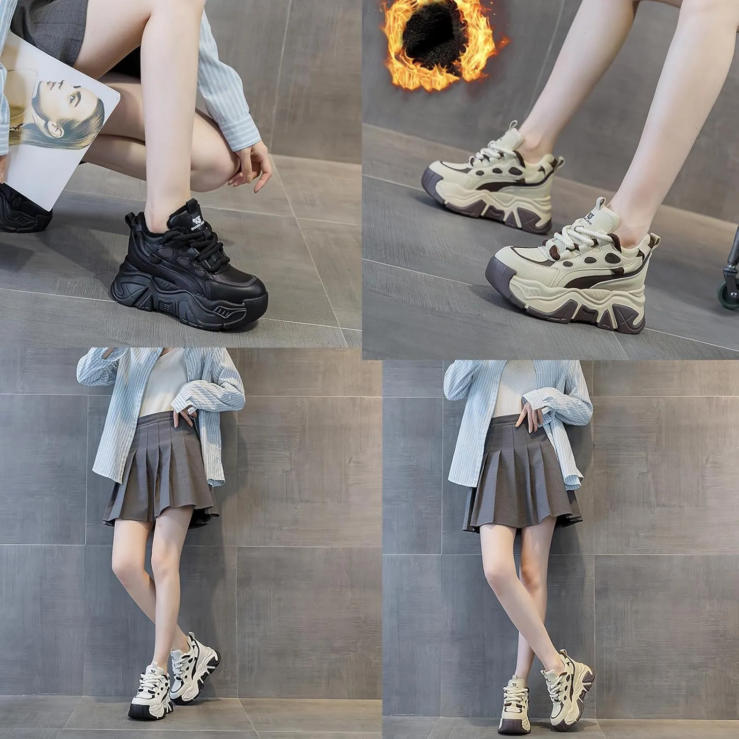 Women's Fashion Leather Chunky Platform Sneakers,Lace Up Winter Fur Lined Stylish Comfortable Wedge Walking Dad Shoes Sneakers