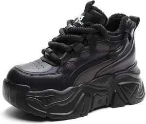 Women's Fashion Leather Chunky Platform Sneakers,Lace Up Winter Fur Lined Stylish Comfortable Wedge Walking Dad Shoes Sneakers