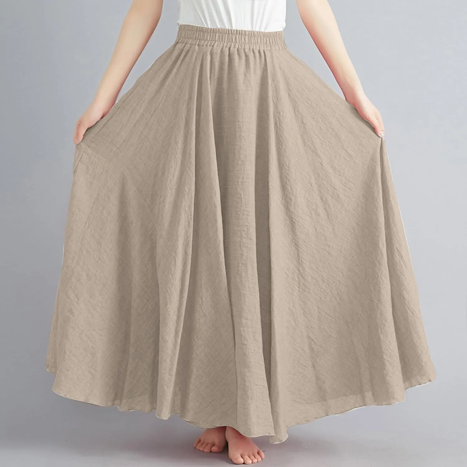 Women's Flowy Linen Maxi Skirt Summer Pleated High Waisted Casual Long Skirts Solid A-Line Beach Skirt for Going Out
