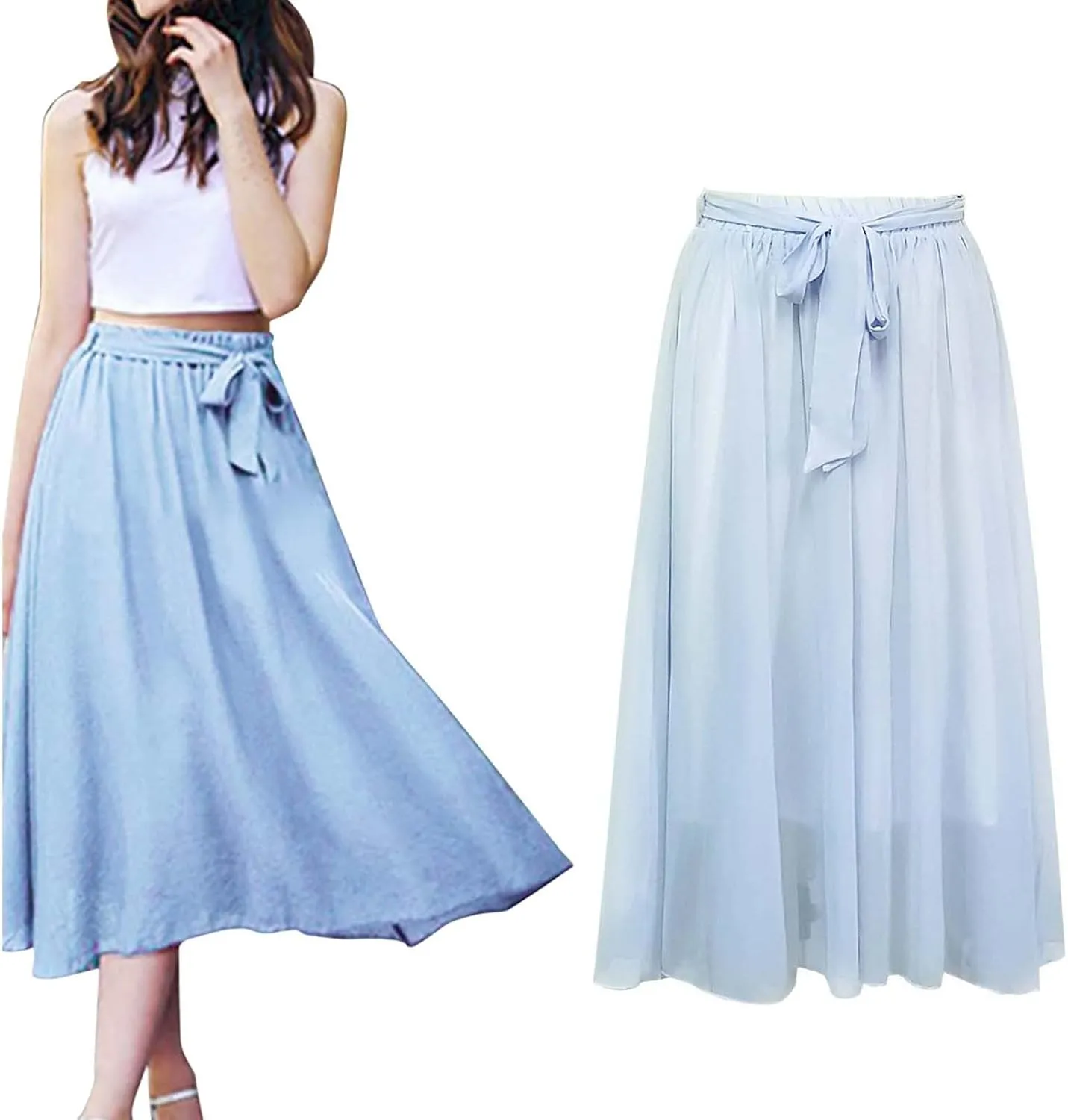 Women's Large Hem Swing Chiffon Long Skirt Elastic High Waist Lace Up Maxi Skirt Solid Color Pleated Skirts