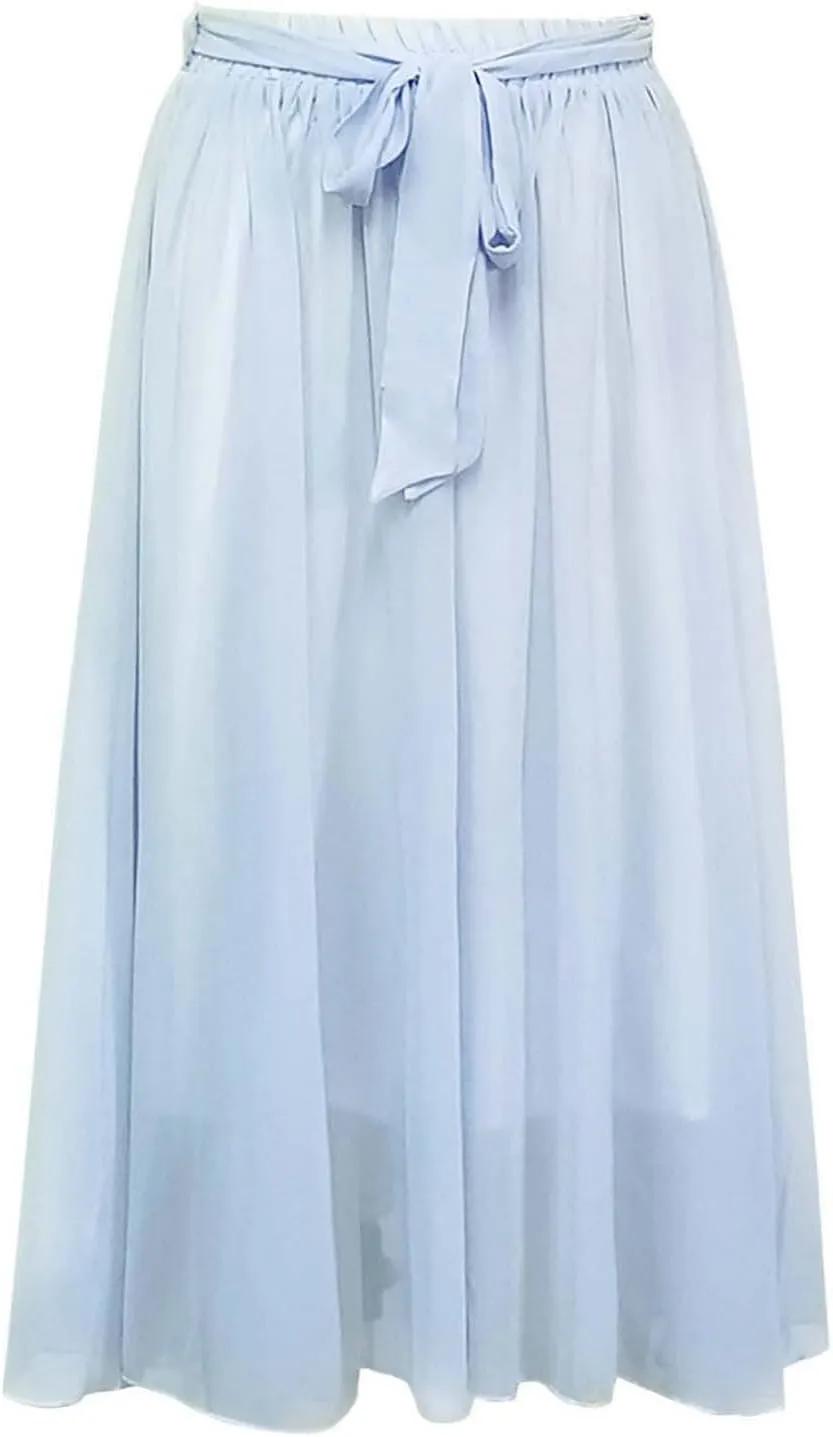 Women's Large Hem Swing Chiffon Long Skirt Elastic High Waist Lace Up Maxi Skirt Solid Color Pleated Skirts