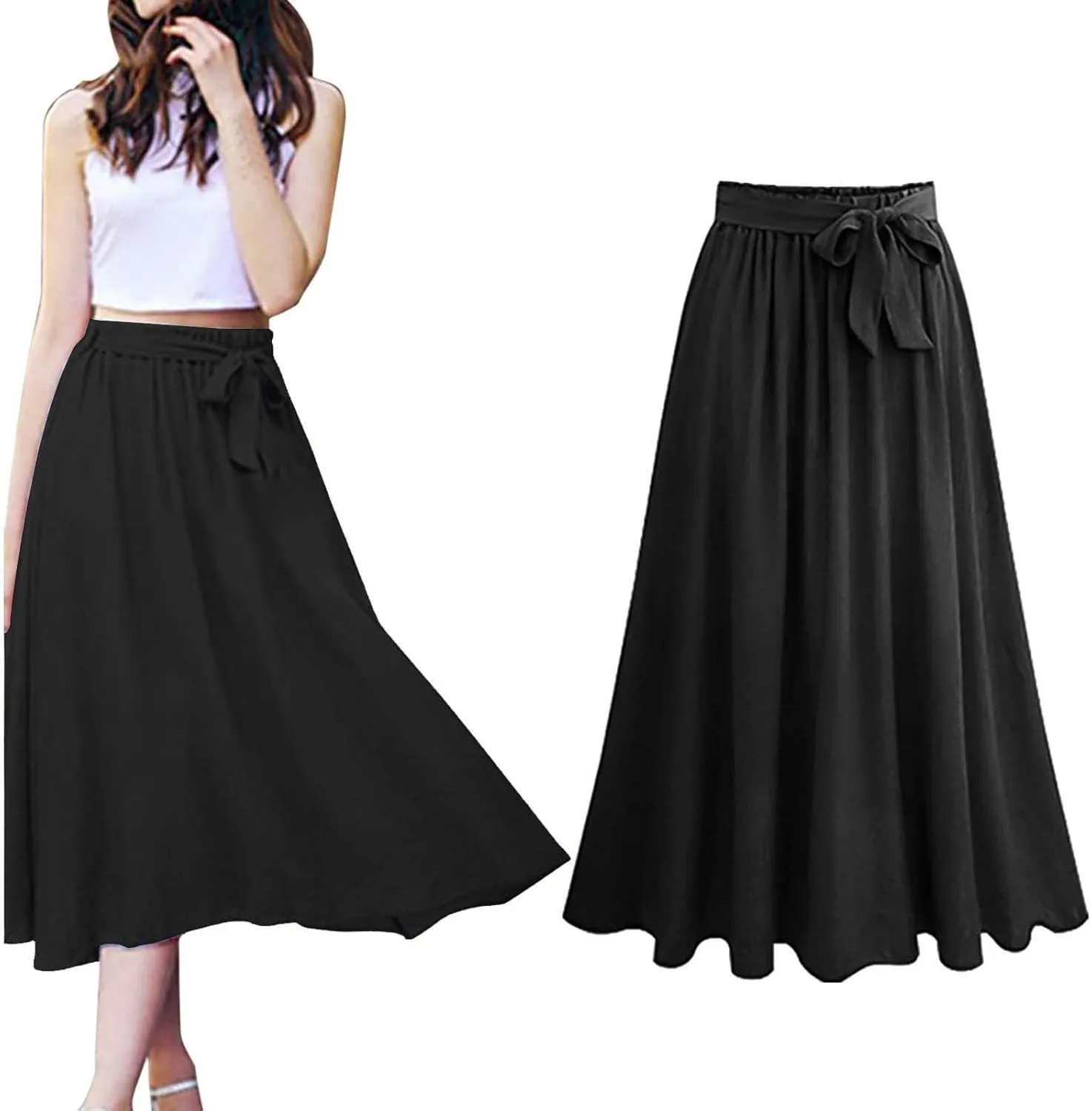 Women's Large Hem Swing Chiffon Long Skirt Elastic High Waist Lace Up Maxi Skirt Solid Color Pleated Skirts