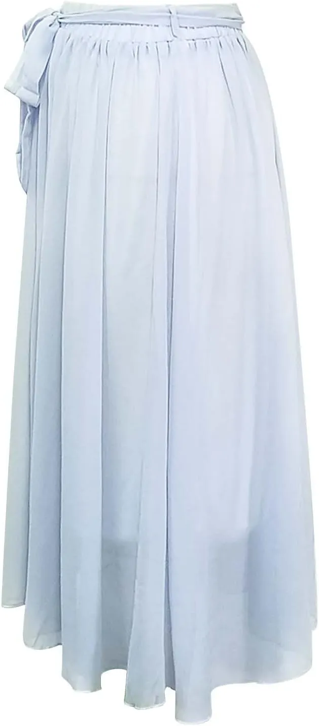 Women's Large Hem Swing Chiffon Long Skirt Elastic High Waist Lace Up Maxi Skirt Solid Color Pleated Skirts