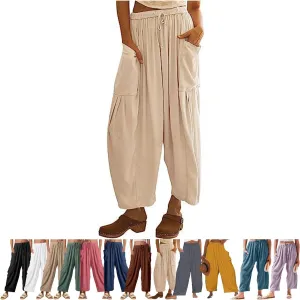 Women's Linen Wide Leg Pants with Pockets,Casual Loose Drawstring Summer Beach Travel Vacation Palazzo Harem