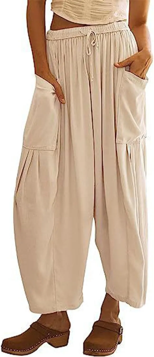 Women's Linen Wide Leg Pants with Pockets,Casual Loose Drawstring Summer Beach Travel Vacation Palazzo Harem