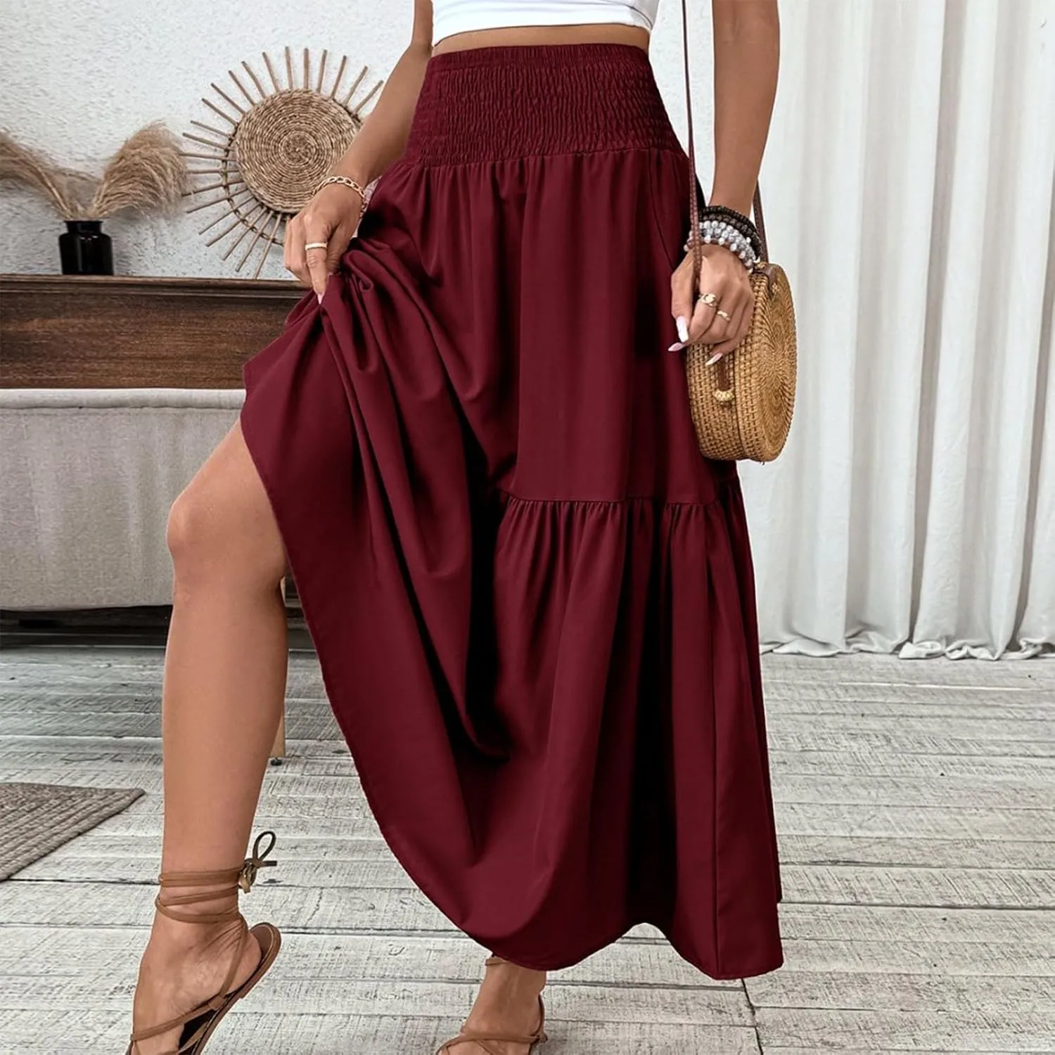 Women's Long Skirts Boho Swing Solid Stretch High Waist Tiered A-Line Maxi Skirt with Pockets, S-XL