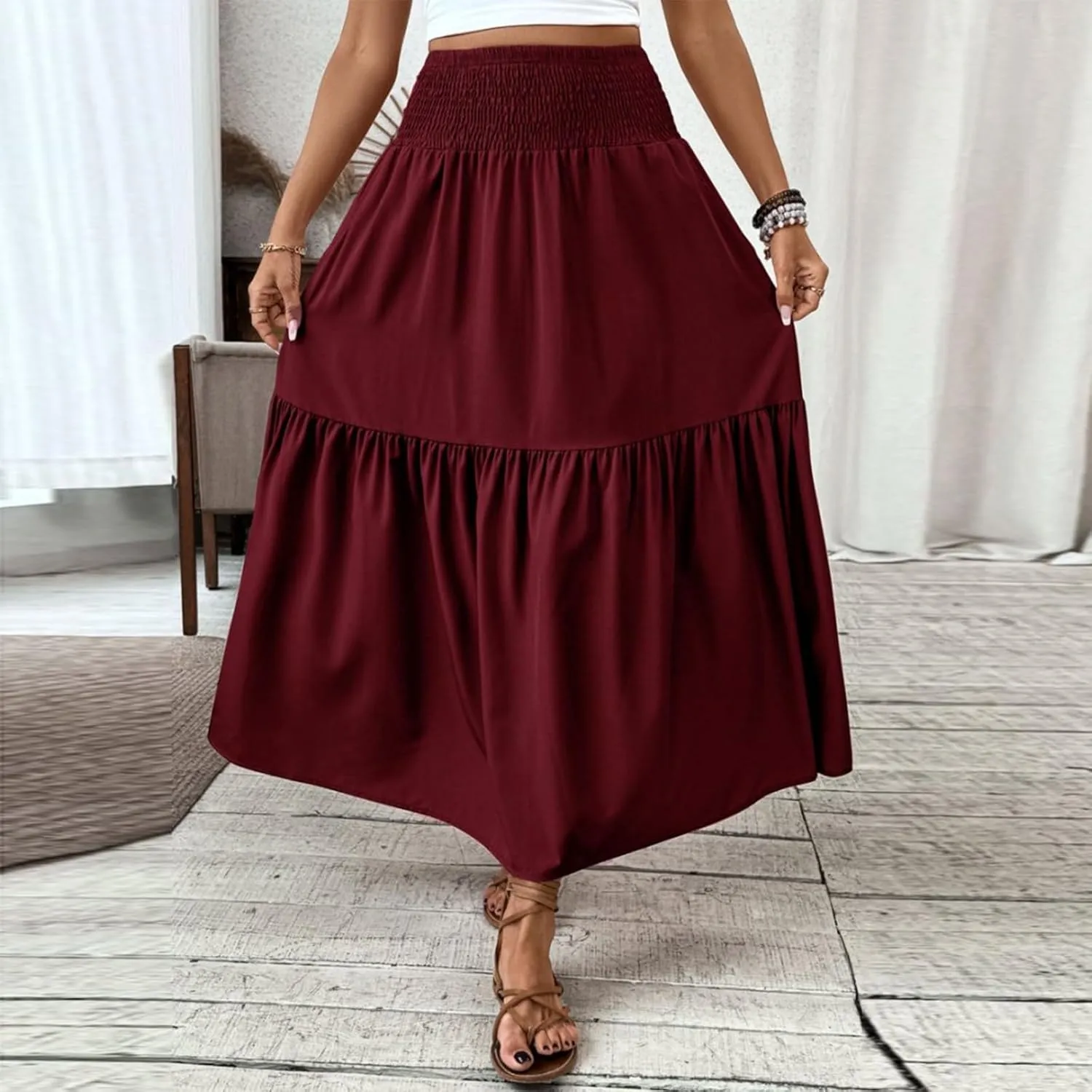 Women's Long Skirts Boho Swing Solid Stretch High Waist Tiered A-Line Maxi Skirt with Pockets, S-XL