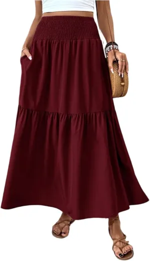 Women's Long Skirts Boho Swing Solid Stretch High Waist Tiered A-Line Maxi Skirt with Pockets, S-XL