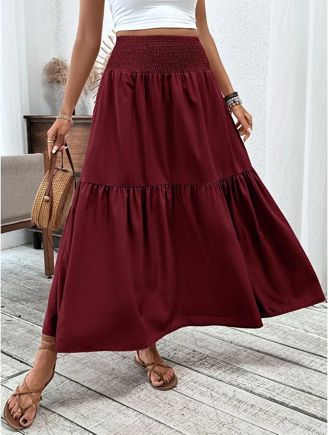 Women's Long Skirts Boho Swing Solid Stretch High Waist Tiered A-Line Maxi Skirt with Pockets, S-XL