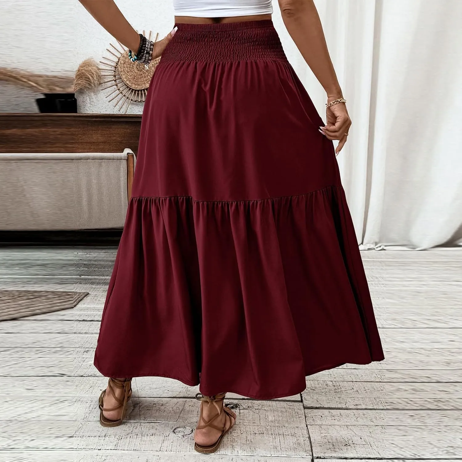 Women's Long Skirts Boho Swing Solid Stretch High Waist Tiered A-Line Maxi Skirt with Pockets, S-XL