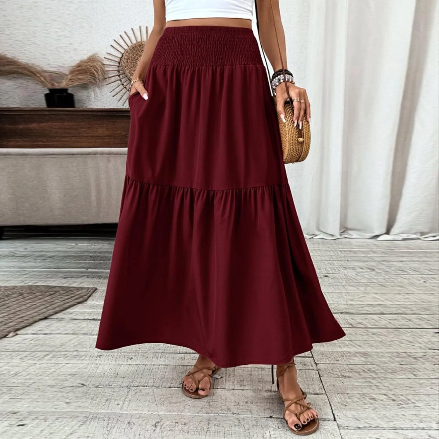Women's Long Skirts Boho Swing Solid Stretch High Waist Tiered A-Line Maxi Skirt with Pockets, S-XL