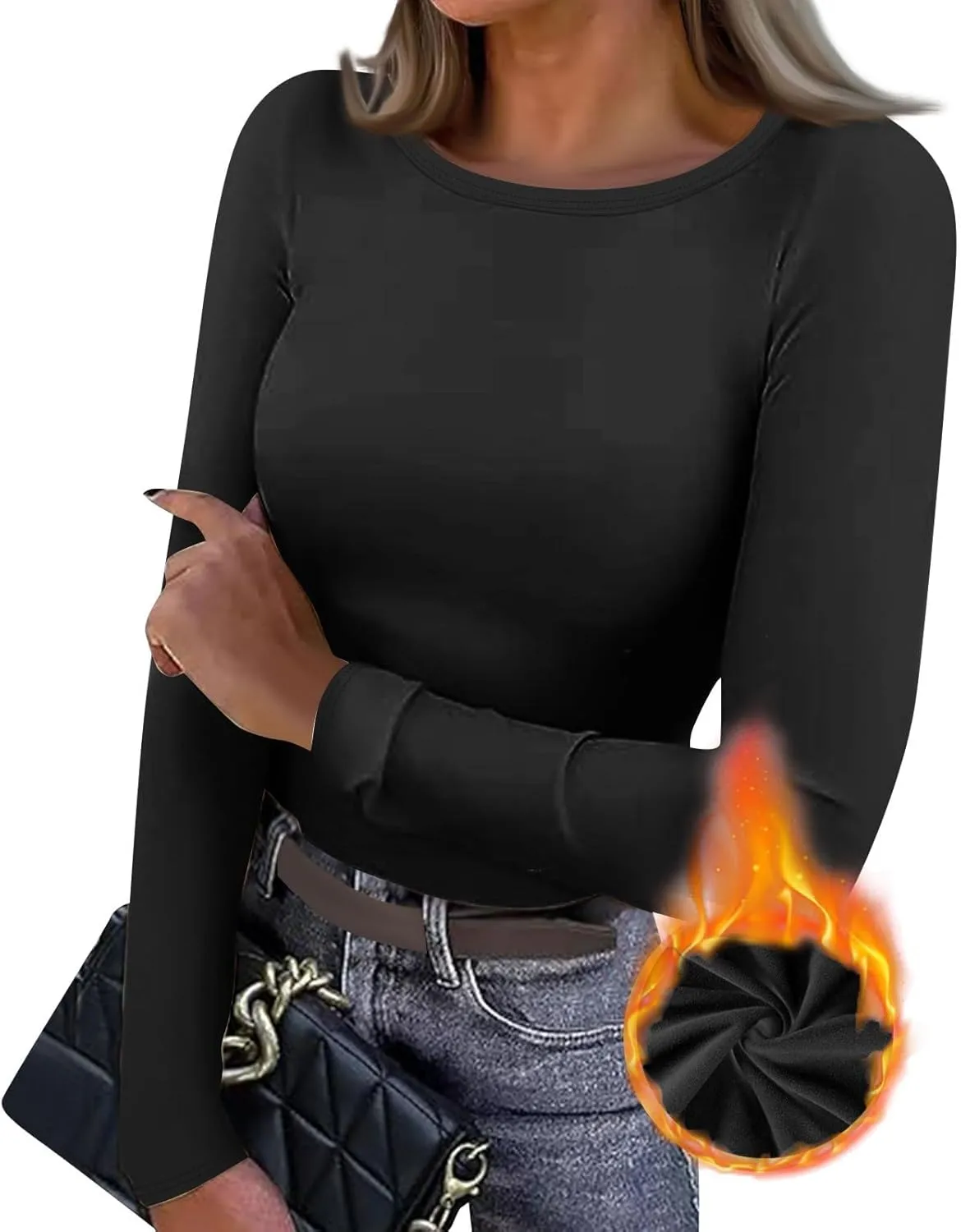 Women's Long Sleeve Fleece Lined Thermal Underwear Lightweight Crew Neck Baselayer Shirt Premium Comfort Winter Tops