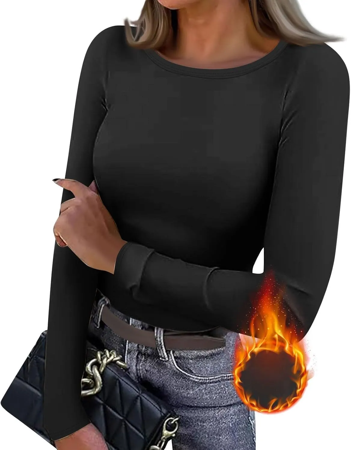 Women's Long Sleeve Fleece Lined Thermal Underwear Lightweight Crew Neck Baselayer Shirt Premium Comfort Winter Tops