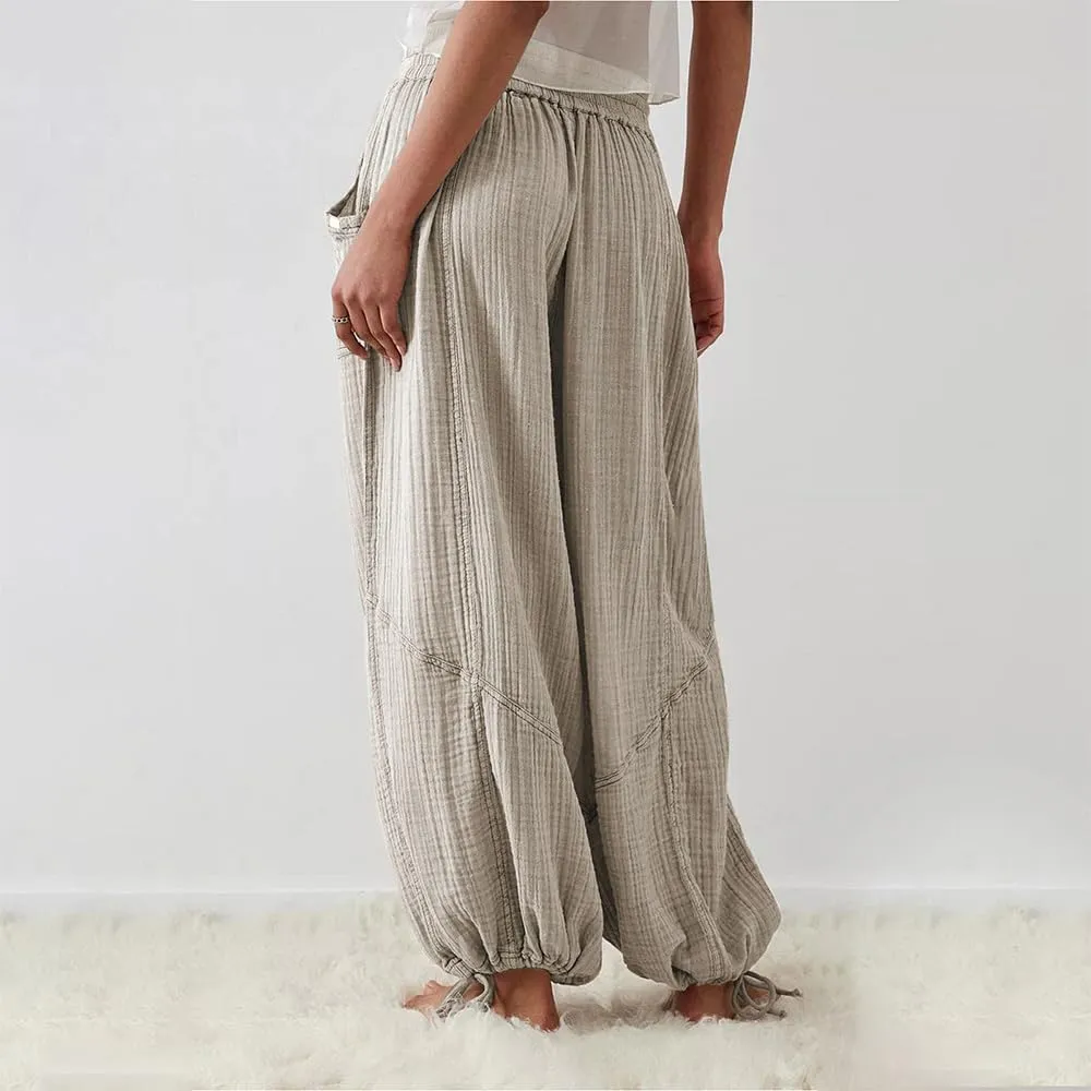 Women's Loose Fitting Palazzo Pants Pleated Drawstring Elastic Waist Solid Color with Pockets Relax Pants