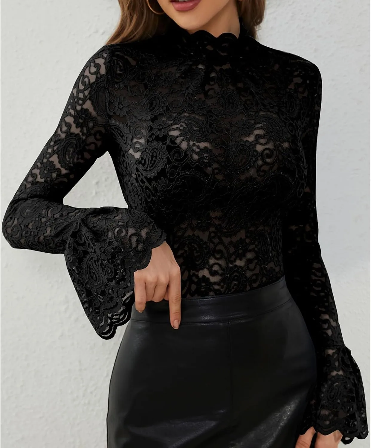 Women's Mesh Sheer Tops Long Sleeve Layering Top Mock Neck See Through Tee Shirts Party Club Night Lace Blouse