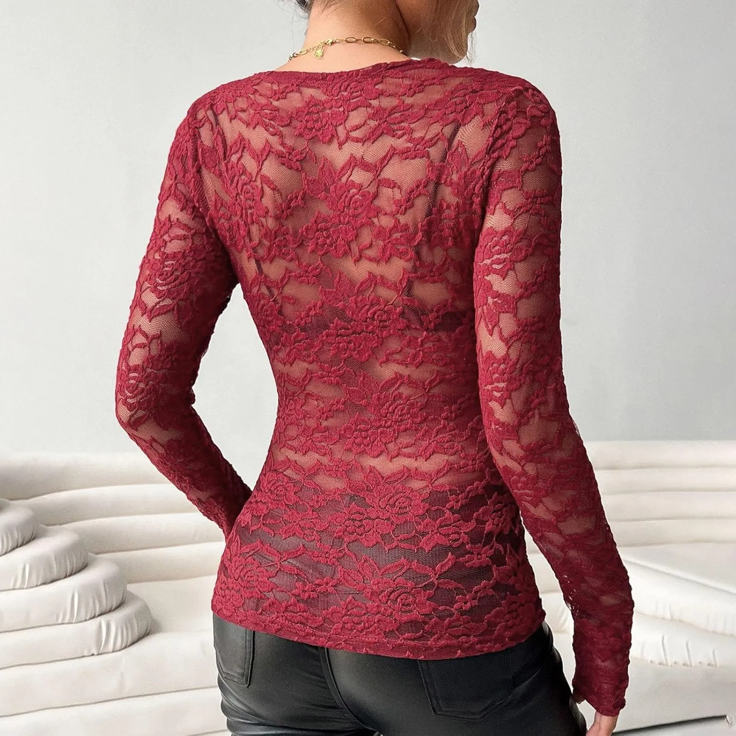 Women's Mesh Sheer Tops Long Sleeve Layering Top Mock Neck See Through Tee Shirts Party Club Night Lace Blouse