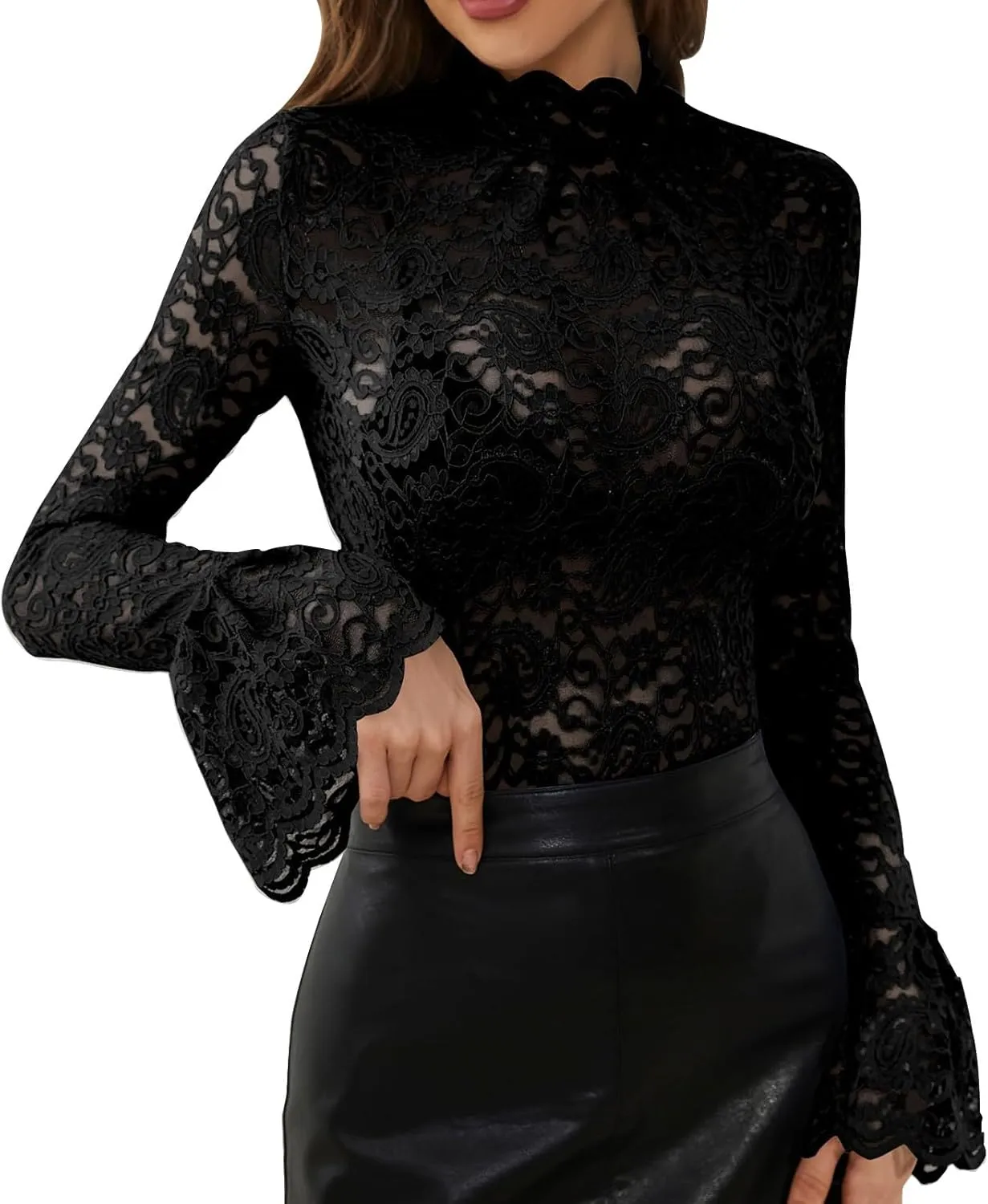 Women's Mesh Sheer Tops Long Sleeve Layering Top Mock Neck See Through Tee Shirts Party Club Night Lace Blouse