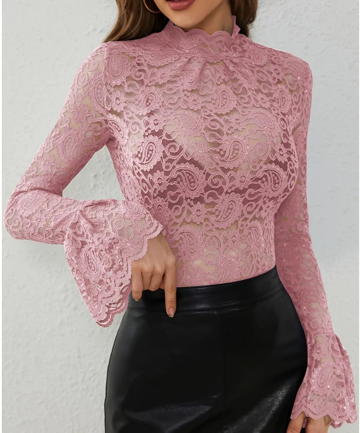 Women's Mesh Sheer Tops Long Sleeve Layering Top Mock Neck See Through Tee Shirts Party Club Night Lace Blouse