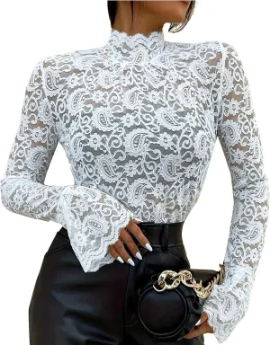 Women's Mesh Sheer Tops Long Sleeve Layering Top Mock Neck See Through Tee Shirts Party Club Night Lace Blouse