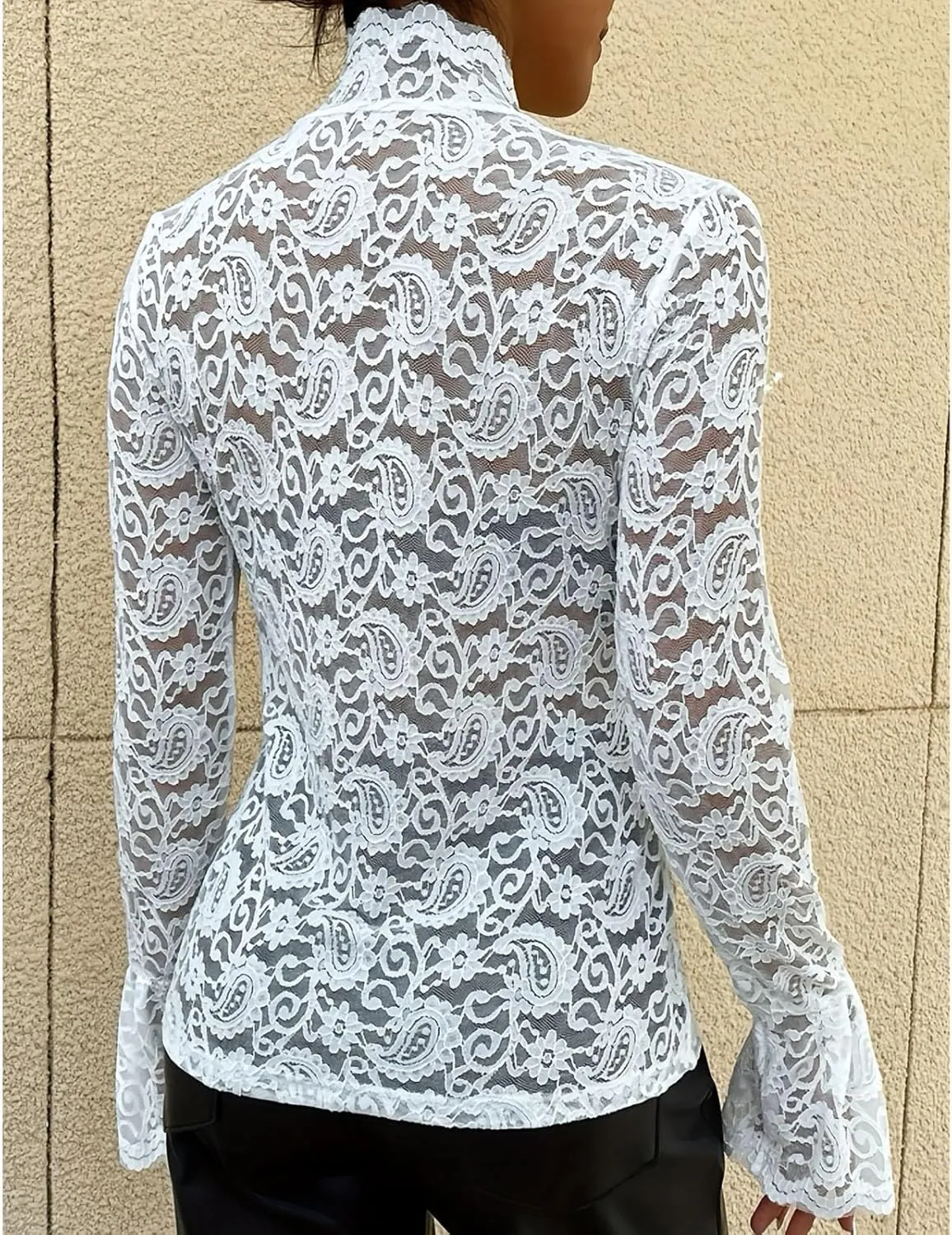 Women's Mesh Sheer Tops Long Sleeve Layering Top Mock Neck See Through Tee Shirts Party Club Night Lace Blouse