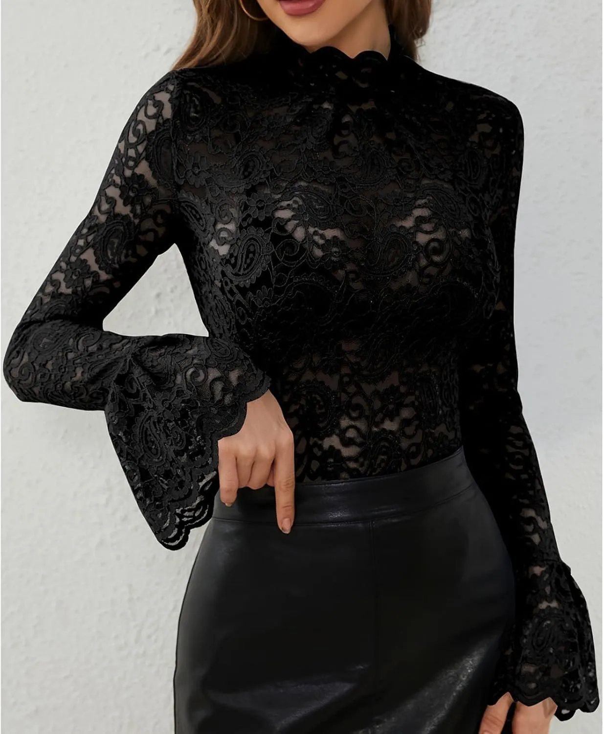 Women's Mesh Sheer Tops Long Sleeve Layering Top Mock Neck See Through Tee Shirts Party Club Night Lace Blouse