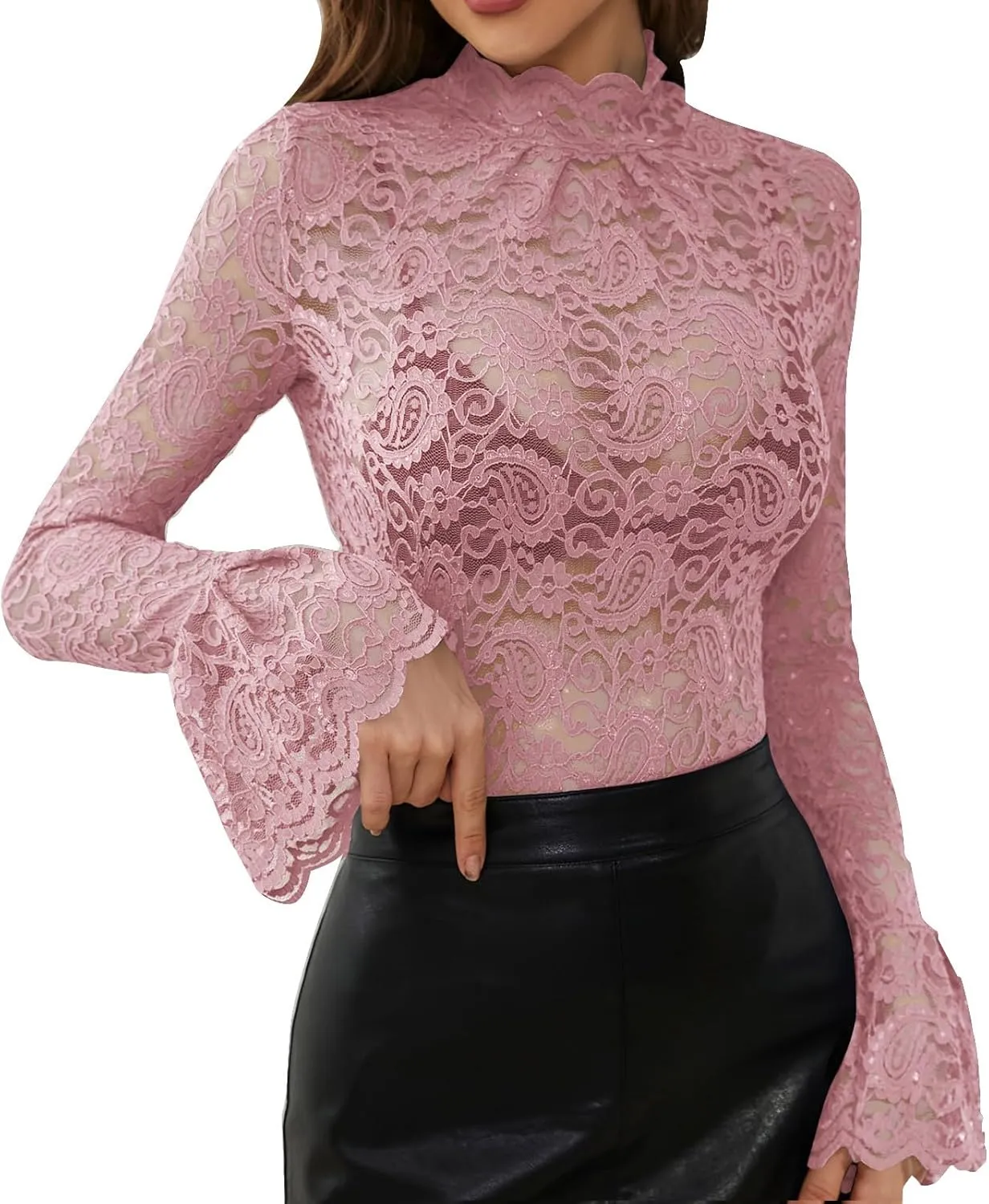 Women's Mesh Sheer Tops Long Sleeve Layering Top Mock Neck See Through Tee Shirts Party Club Night Lace Blouse