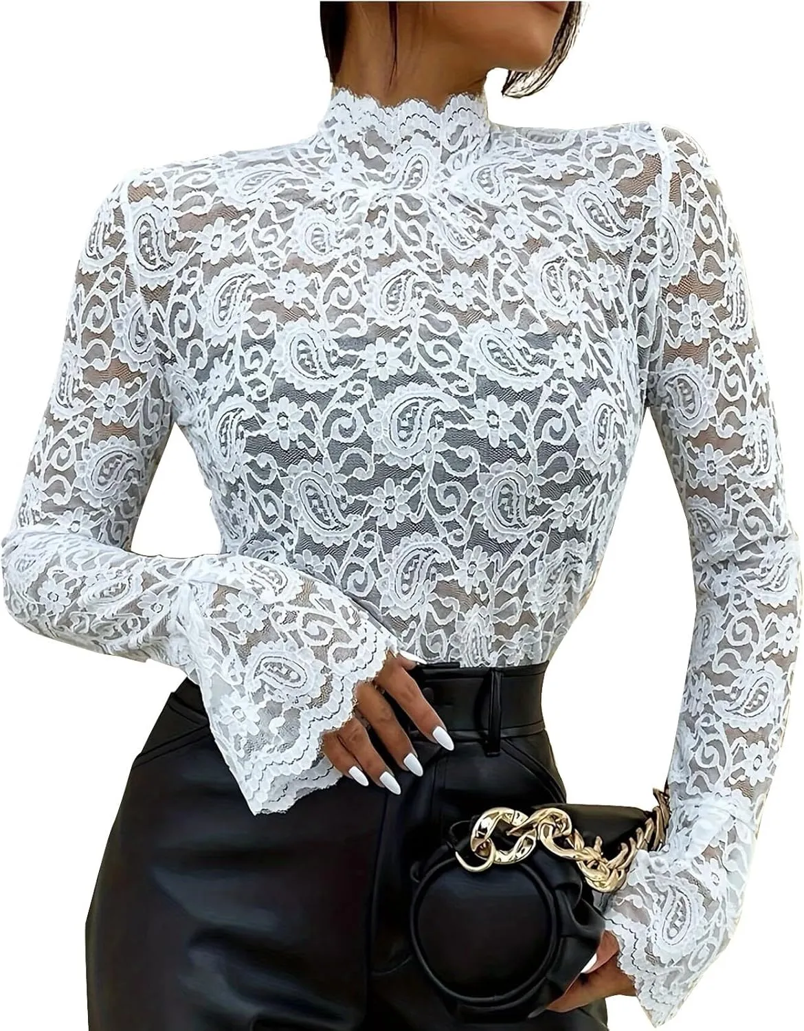 Women's Mesh Sheer Tops Long Sleeve Layering Top Mock Neck See Through Tee Shirts Party Club Night Lace Blouse
