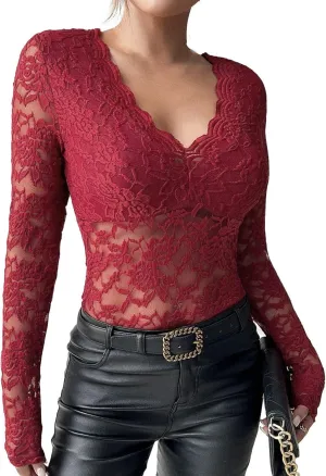 Women's Mesh Sheer Tops Long Sleeve Layering Top Mock Neck See Through Tee Shirts Party Club Night Lace Blouse