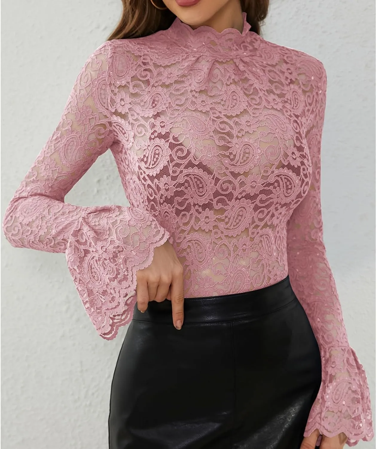 Women's Mesh Sheer Tops Long Sleeve Layering Top Mock Neck See Through Tee Shirts Party Club Night Lace Blouse