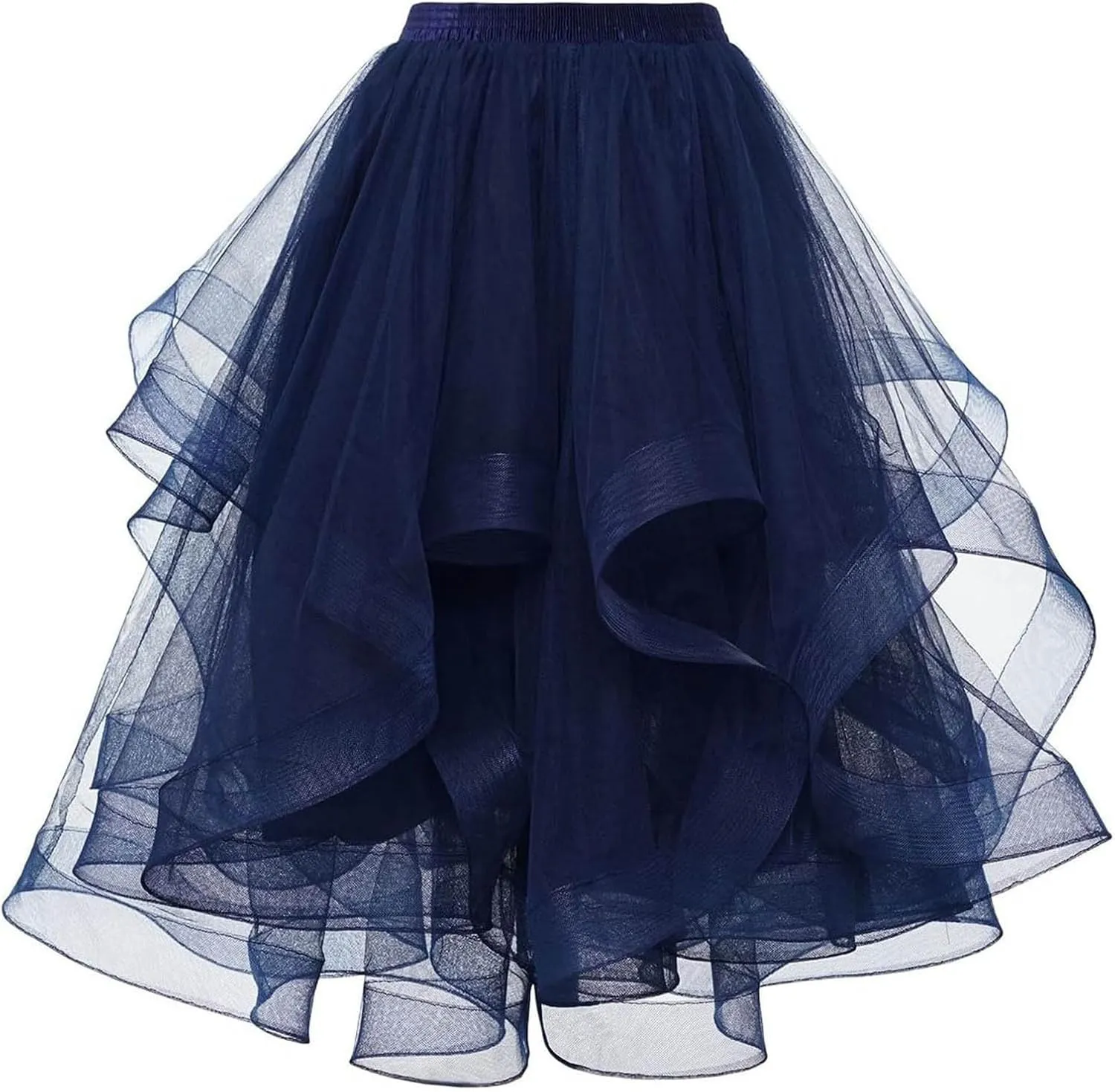 Womens Mesh Tutu Skirt Layered Tulle Elastic High Waist Dance Skirts Fluffy Irregular Hem Pleated A-line Midi Skirt