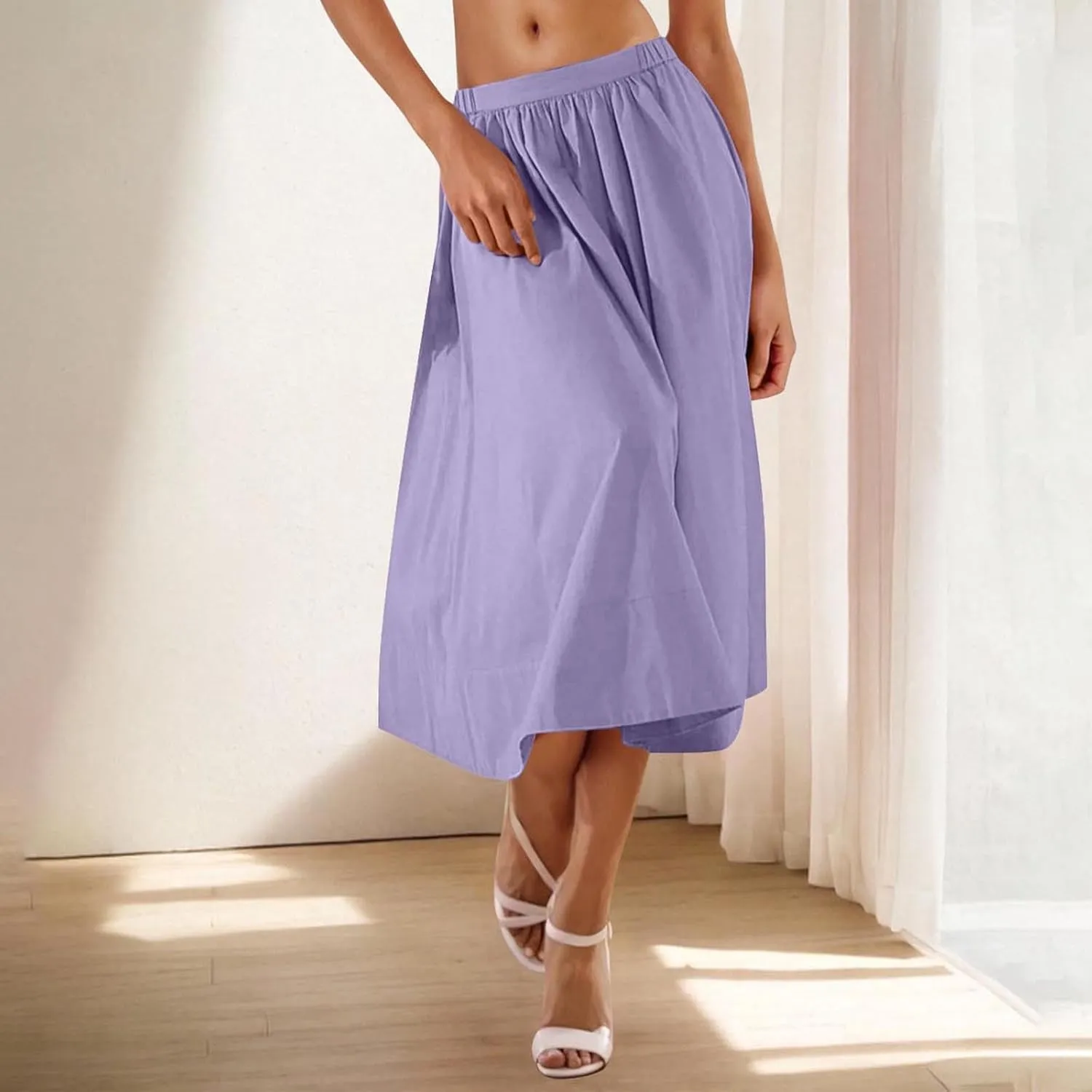 Womens Midi Skirts Casual Elastic High Waisted Pleated Flowy Long Skirts Trendy Cute Skirts Beach Vacation Outfits
