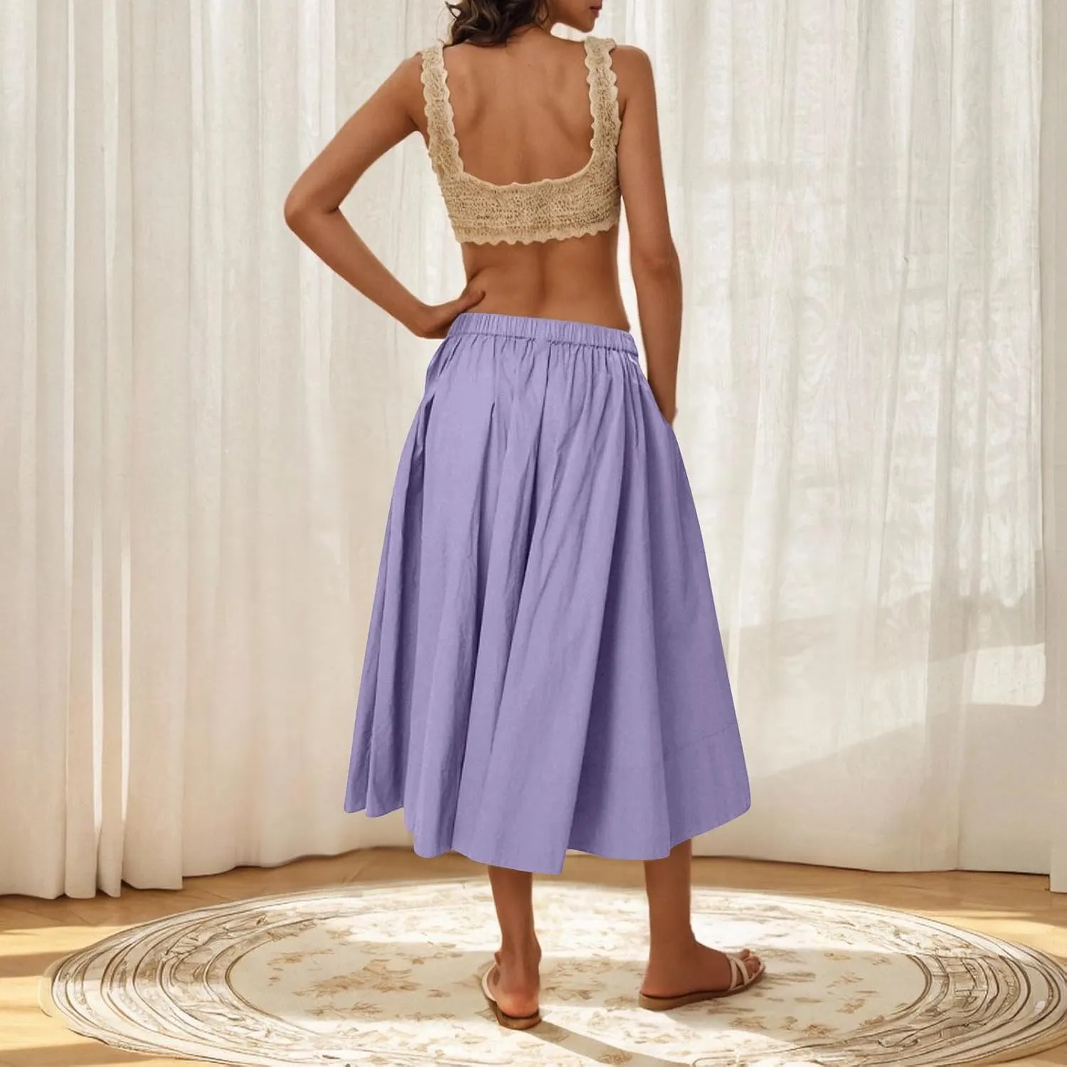 Womens Midi Skirts Casual Elastic High Waisted Pleated Flowy Long Skirts Trendy Cute Skirts Beach Vacation Outfits