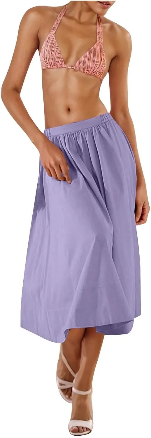 Womens Midi Skirts Casual Elastic High Waisted Pleated Flowy Long Skirts Trendy Cute Skirts Beach Vacation Outfits