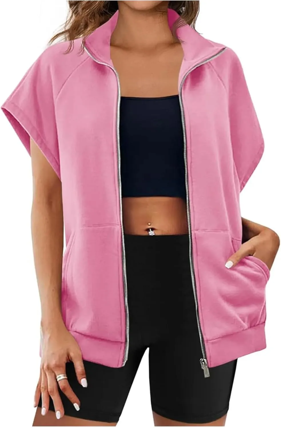 Womens Plus Size Sweatershirts Casual Lapel Zip Up Cap Sleeve Sweatershirt Summer Lightweight Loose Tops with Pocket