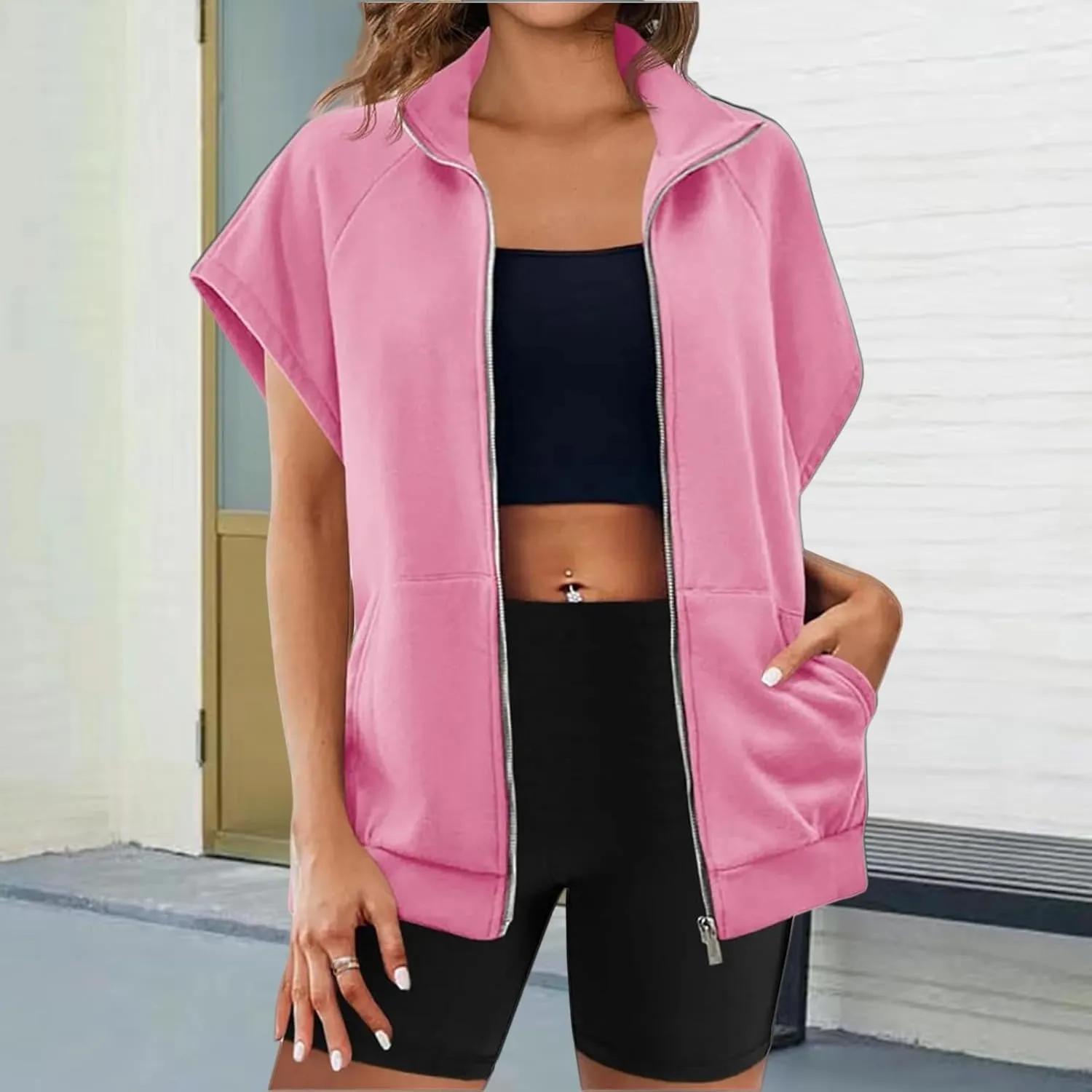 Womens Plus Size Sweatershirts Casual Lapel Zip Up Cap Sleeve Sweatershirt Summer Lightweight Loose Tops with Pocket