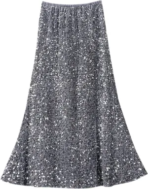 Women's Sequin Maxi Skirts Elastic High Waist Bodycon Long Mermaid Skirt Flared Wedding Party Formal Prom Skirts