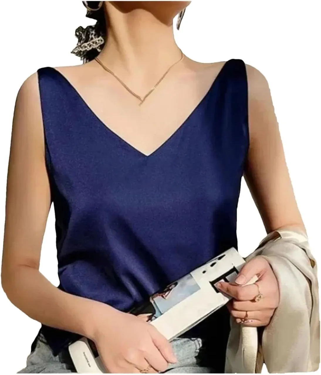 Women's Sexy Strap Crop Tops for Women Trendy V Neck Basic Camisole Summer Sleeveless Satin Silk Tank Tops
