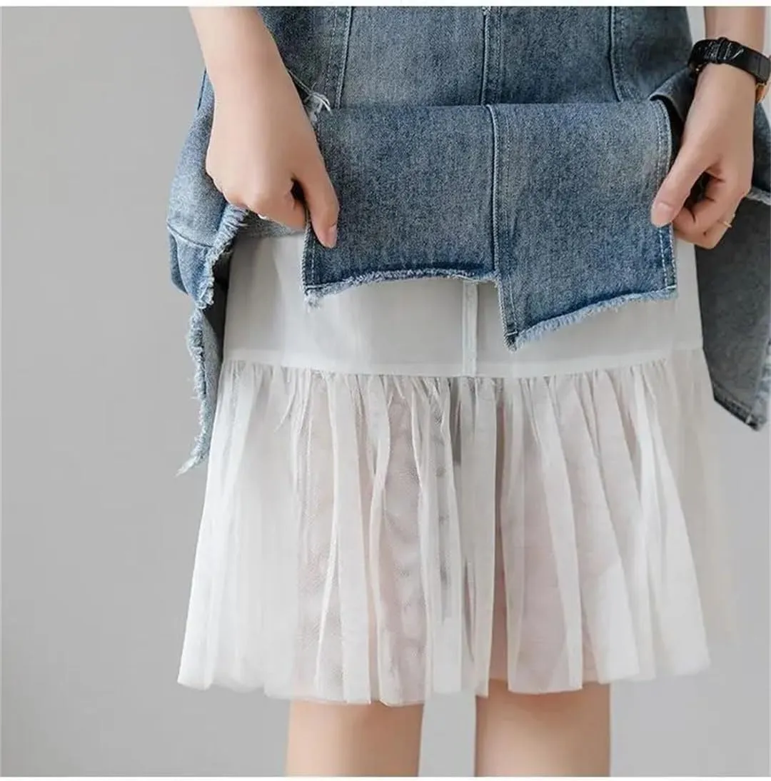 Women's Split Denim Skirt High-Waisted Slimming Mesh Patchwork Irregular A-Line Skirt