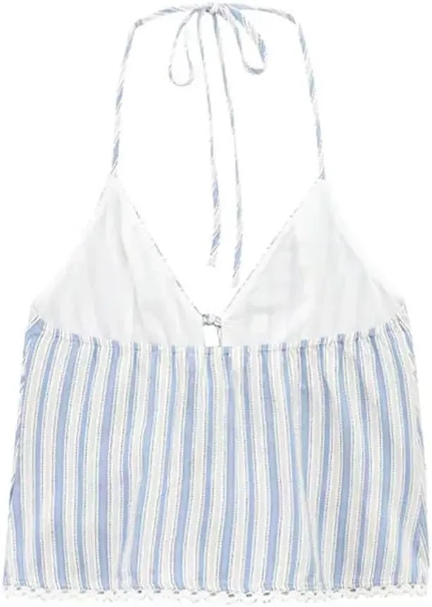 Women's Striped Halter Neck Camisole Adjustable Tied Backless Tank Top, Summer Thin Strap Sleeveless Blouse For Casual Wear