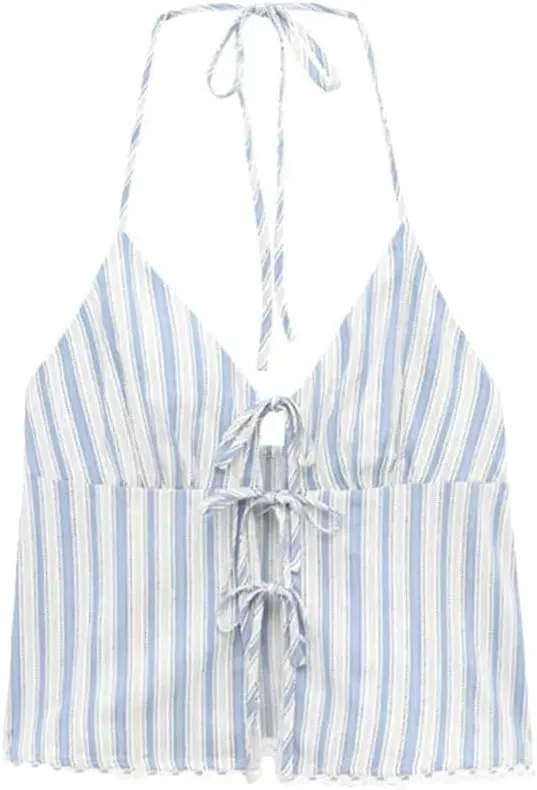 Women's Striped Halter Neck Camisole Adjustable Tied Backless Tank Top, Summer Thin Strap Sleeveless Blouse For Casual Wear