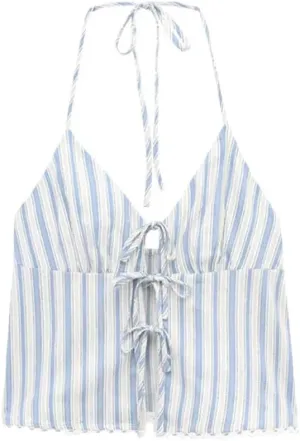 Women's Striped Halter Neck Camisole Adjustable Tied Backless Tank Top, Summer Thin Strap Sleeveless Blouse For Casual Wear