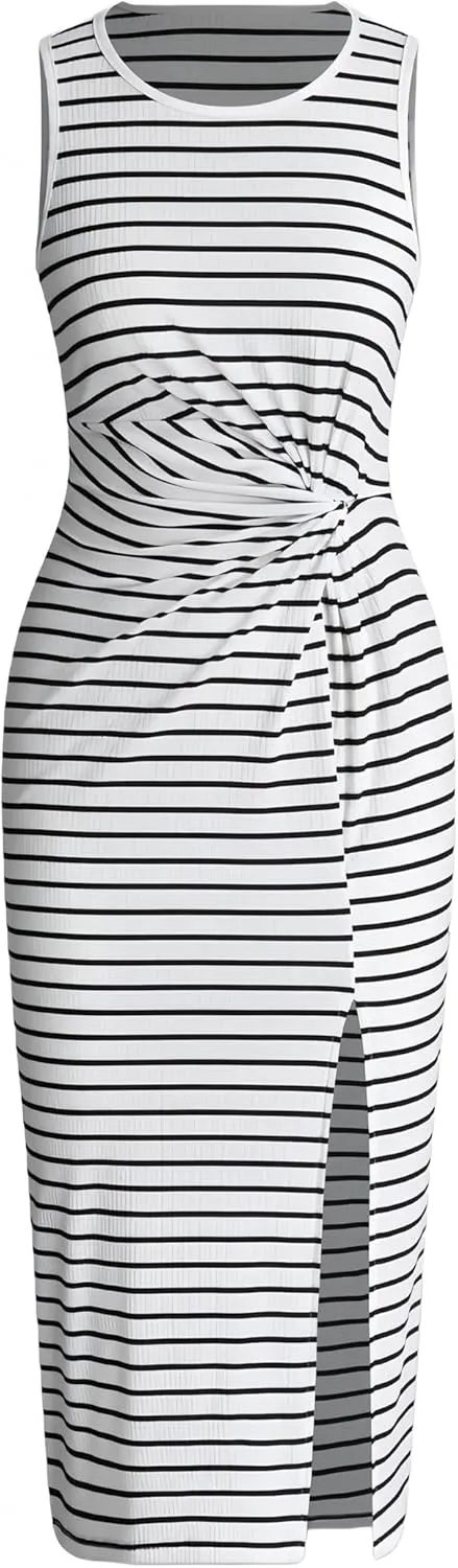 Women's Striped Twist Front Split Thight Tank Dress Crewneck Sleeveless Midi Dress Knit Casual Summer Bodycon Dress