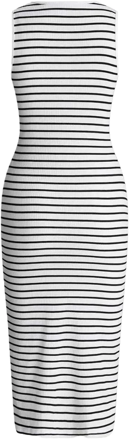 Women's Striped Twist Front Split Thight Tank Dress Crewneck Sleeveless Midi Dress Knit Casual Summer Bodycon Dress