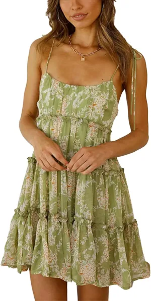 Women's Summer Boho Off Shoulder Backless Floral Sleeveless Chiffon Mini Casual Ruffle Swing Dress(S-Green)